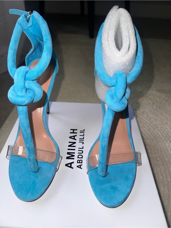 Aminah Abdul Jillil Shoes - Blue Suede Knot Ankle Rope Strap Heels - AMINAH ABDULLJILIL